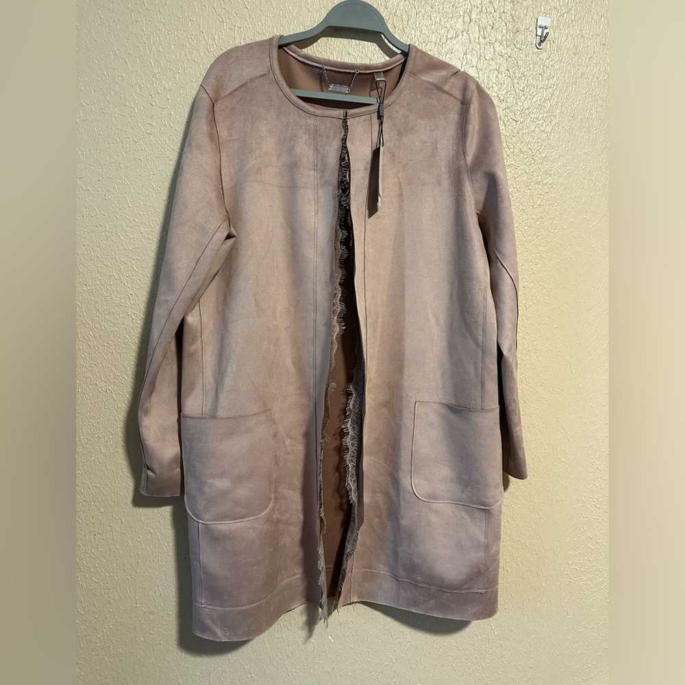 Tahari Faux Leather Open Front Jacket Blazer Scalloped Edges Lace Trim Size XL